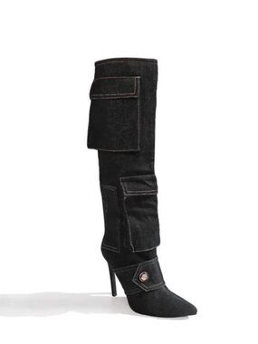 Women's Black Suede High-Heel Knee Boots with Pocket Details